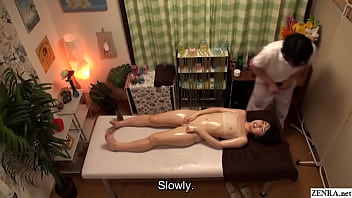 Japanese massage for oiled up teen goes from normal to amorous in a blink of an eye as the masseur fingerbangs her followed by a blowjob and doggystyle sex on the treatment table in HD with subtitles