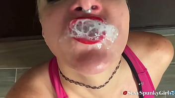 Milf gives sloppy blowjob with extreme gagging until sperm is in her hungry mouth making cum bubbles